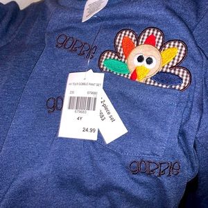 NWT. Size 4 toddler Thanksgiving set. Brown corduroy pants and blue turkey top.